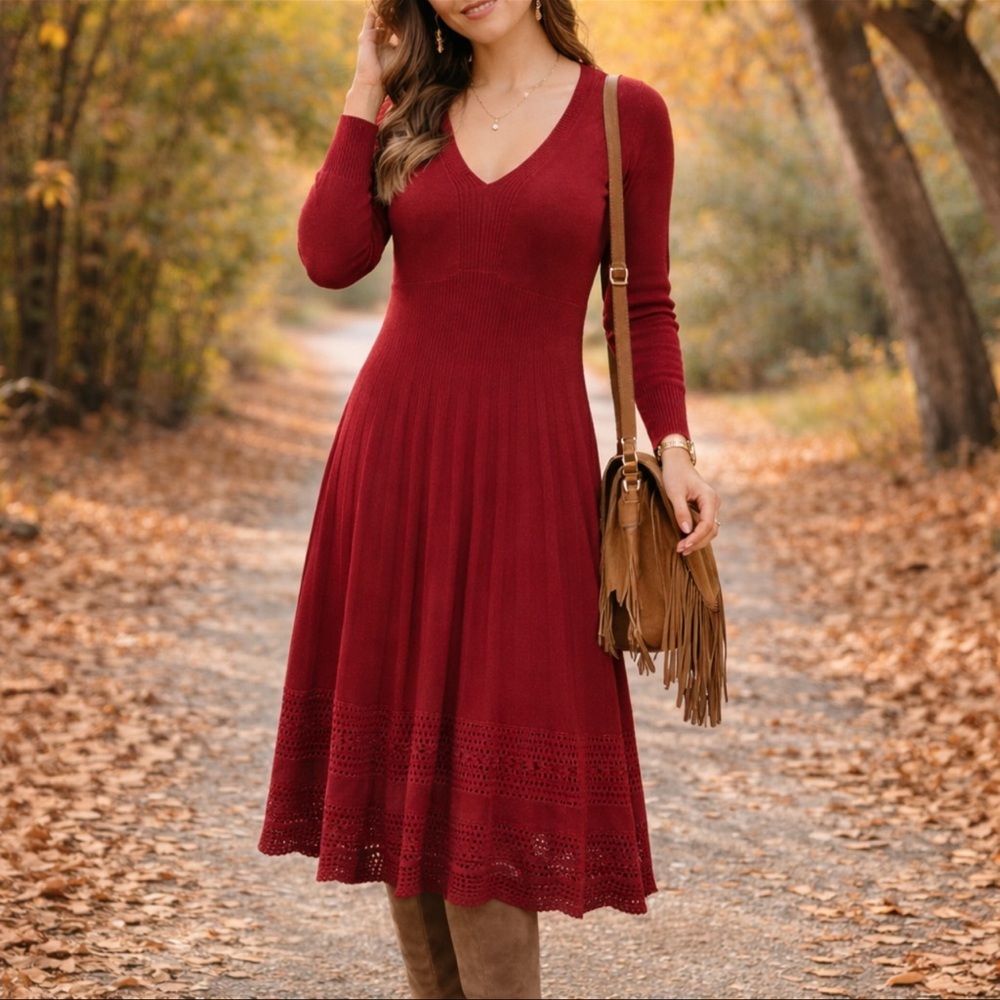 Rust V-Neck Sweater Dress